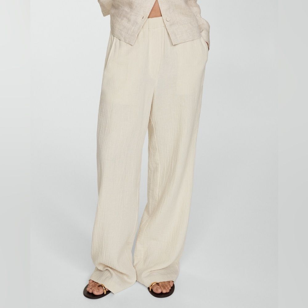 NWT MNG Beige Cotton Wide-Leg Pants Size Small